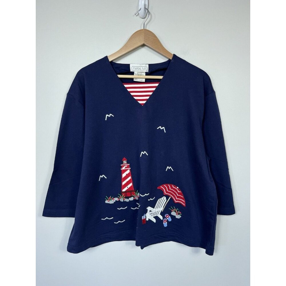Mandal Bay Shirt Women XXL Navy  Embroidered Beach Nautical Coastal Lighthouse